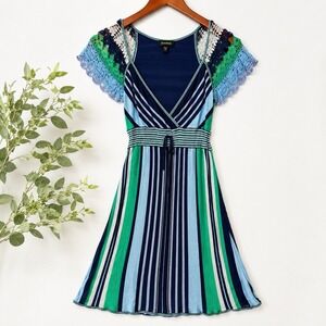 bebe Y2K Striped Crochet Sleeve Dress Size M Blue Green Rayon Silk Trim
